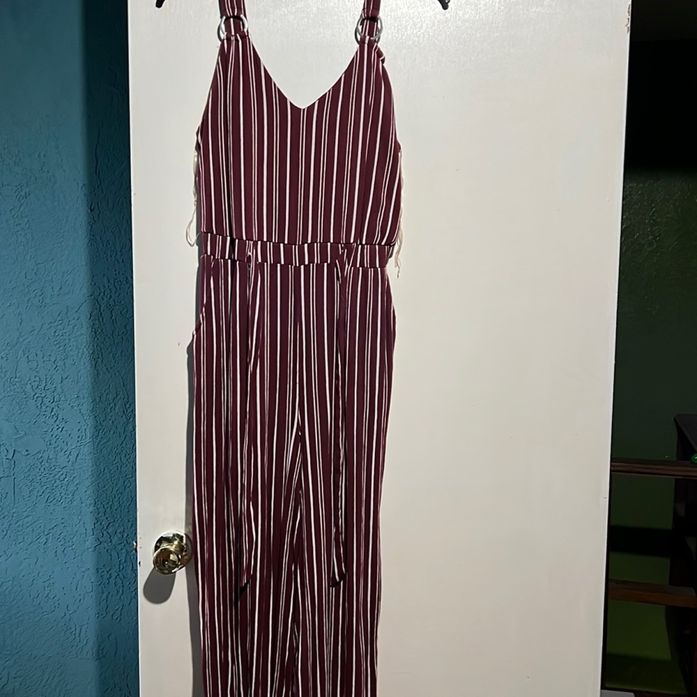 Burgundy w/white striped jumpsuit